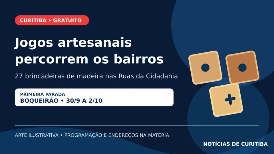 Arte ilustrativa com peças de jogos de madeira e informações do circuito gratuito em Curitiba