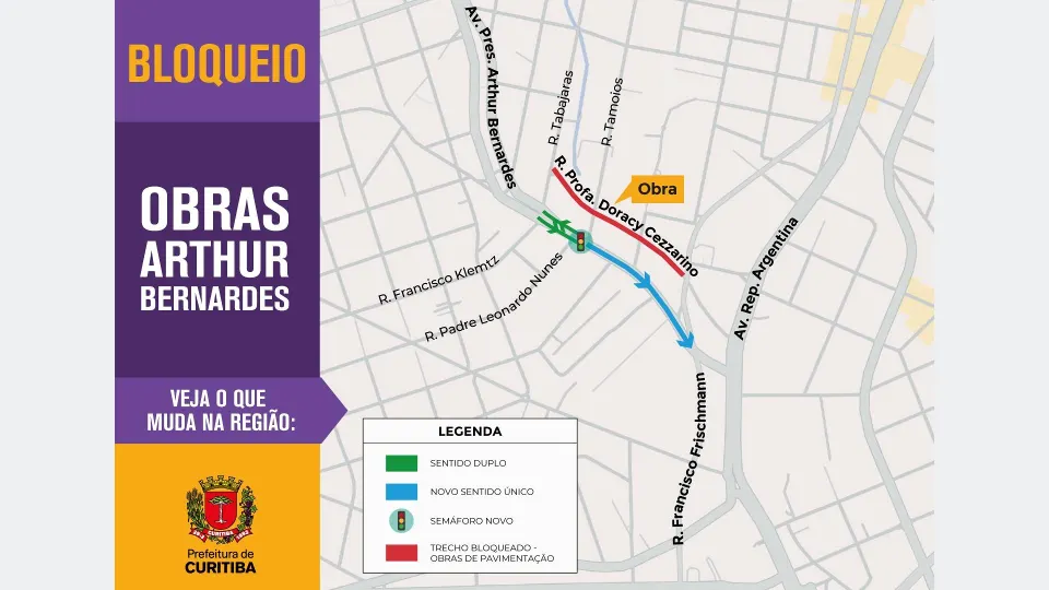 Mapa da Prefeitura de Curitiba mostra sentido liberado e bloqueado na Rua Professor Ulisses Vieira, entre a Avenida Arthur Bernardes e a Rua Tabajaras.