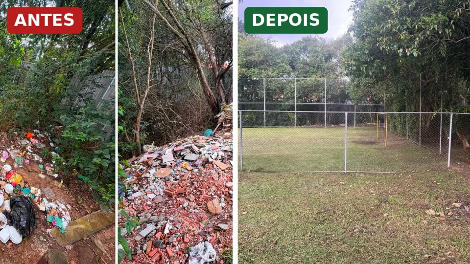 Comparação fotográfica mostrando lixo e entulho antes da limpeza e área gramada conservada depois da intervenção próxima ao CEI Santa Maria de Deus, na CIC.