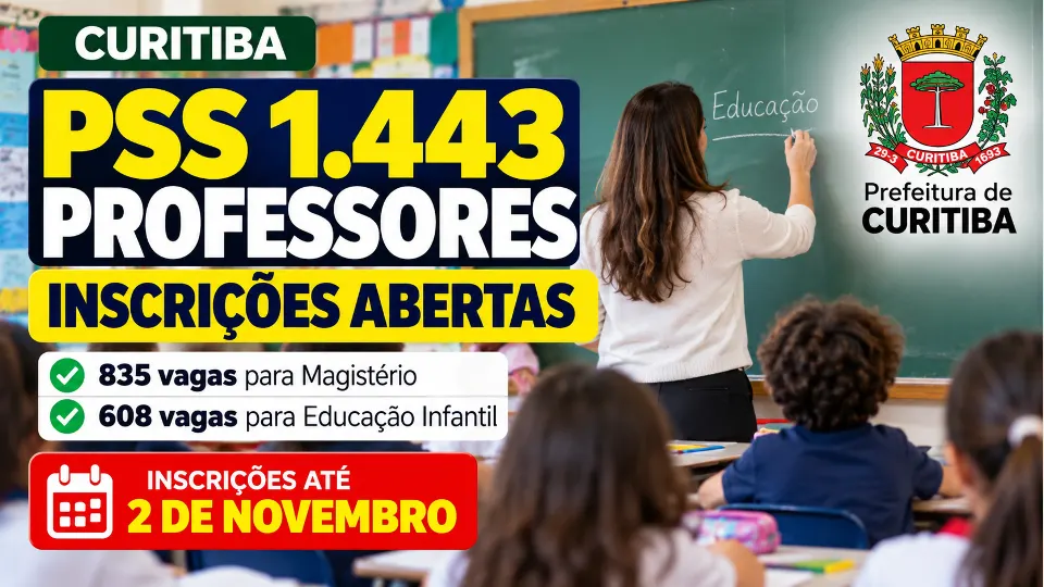 Arte sobre processo seletivo da Prefeitura de Curitiba com 1.443 vagas para professores, sendo 835 para Magistério e 608 para Educação Infantil.
