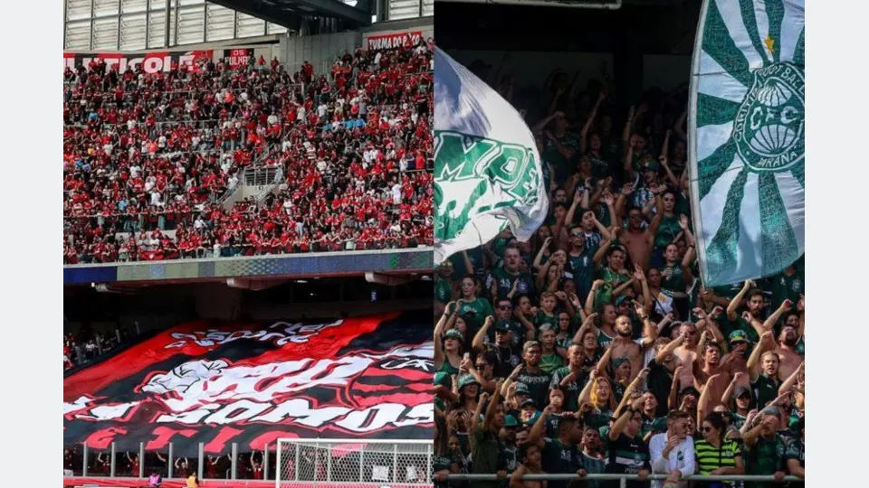 Montagem mostra torcidas de Athletico e Coritiba nas arquibancadas durante clássico Atletiba.