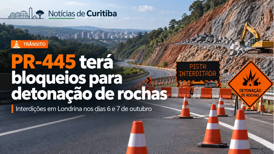 Arte ilustrativa de interdição na PR-445 com cones, barreiras e sinalização de detonação de rochas em Londrina.