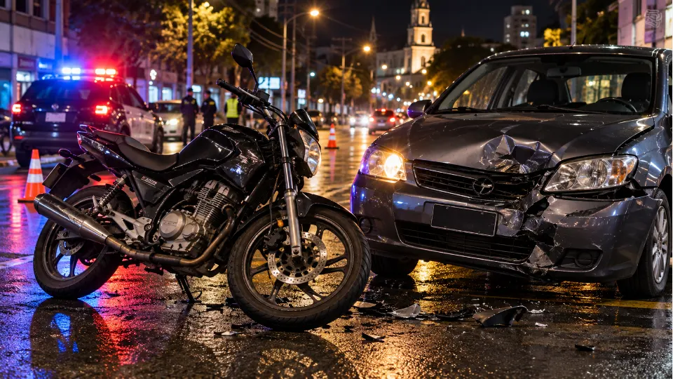 Imagem ilustrativa mostra motocicleta e carro envolvidos em acidente urbano noturno, representando ocorrência registrada em Guarapuava, no Paraná.