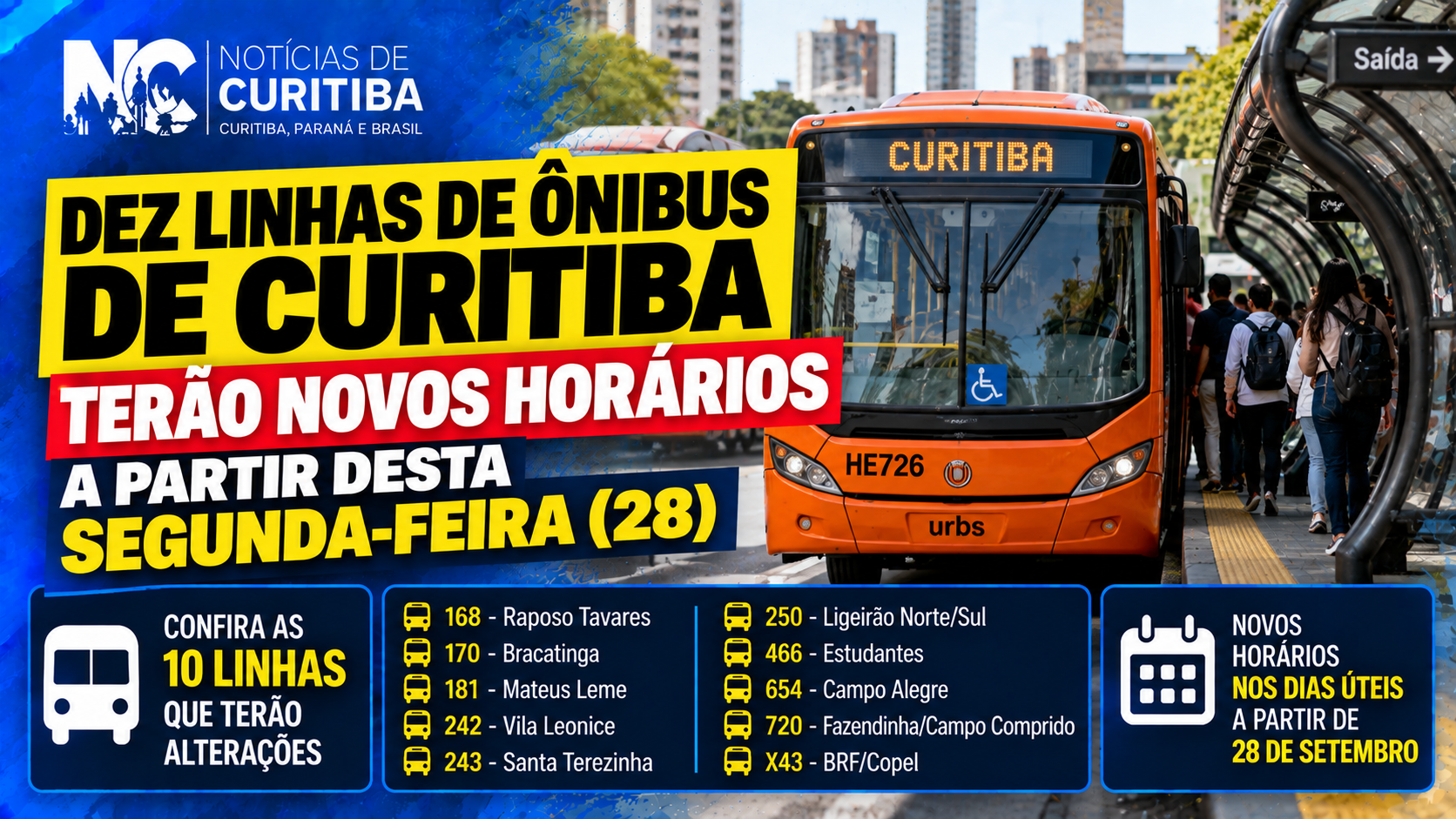 Dez linhas de ônibus de Curitiba terão novos horários a partir desta segunda-feira