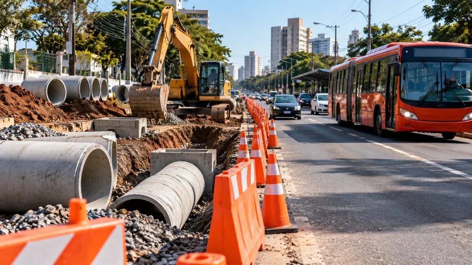 Imagem ilustrativa de obras de drenagem com máquinas, tubulações e sinalização de bloqueio parcial de trânsito em Curitiba.