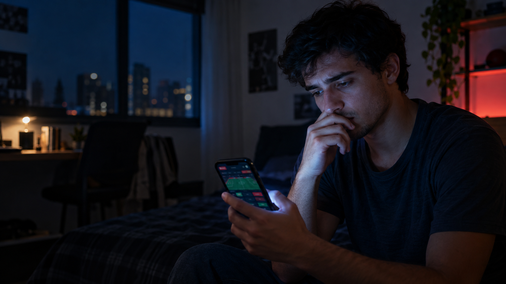 Jovem preocupado observa aplicativo de apostas esportivas no celular durante a noite.