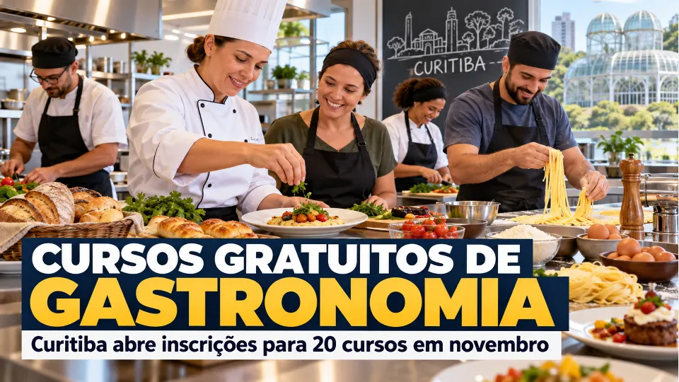 Pessoas participam de curso de gastronomia em cozinha profissional, preparando pães, massas e pratos durante capacitação gratuita em Curitiba.
