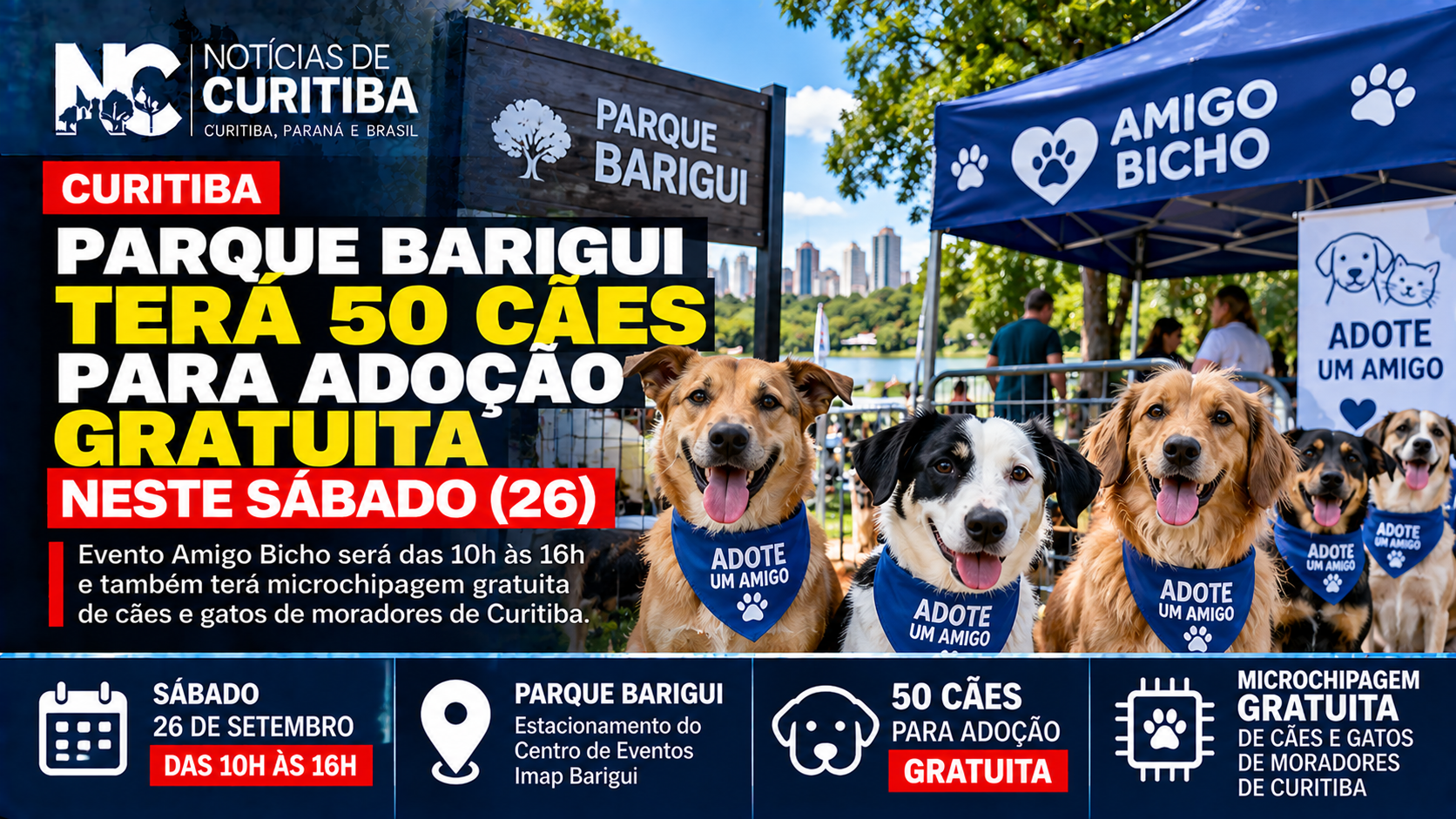 Arte do Notícias de Curitiba sobre evento no Parque Barigui com 50 cães disponíveis para adoção gratuita neste sábado.