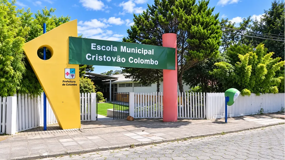 Fachada da Escola Municipal Cristóvão Colombo, em Colombo, no Paraná, com placa de identificação verde, entrada principal, portão e cerca branca.