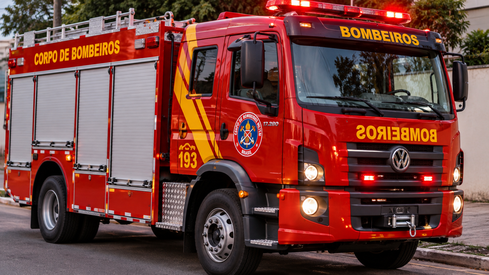 Ilustração de caminhão vermelho do Corpo de Bombeiros, com luzes de emergência acionadas, representando o atendimento a um acidente de trânsito na BR-373, em Candói, no Paraná.