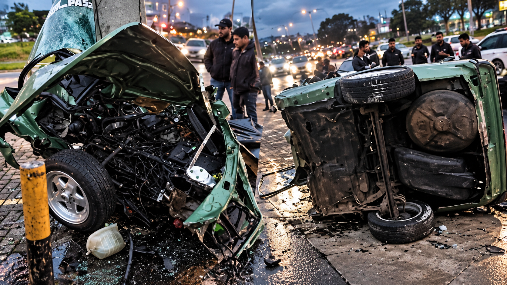 Carro partido ao meio após colisão contra poste na Estrada da Ribeira, em Colombo, na Região Metropolitana de Curitiba.