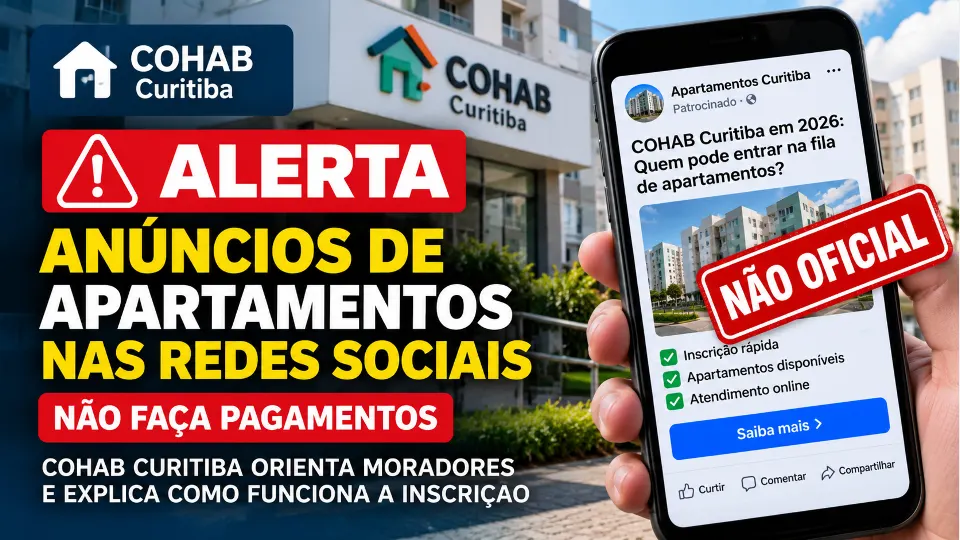 Arte de alerta da Cohab Curitiba sobre anúncios não oficiais de apartamentos nas redes sociais, com orientação para não realizar pagamentos.