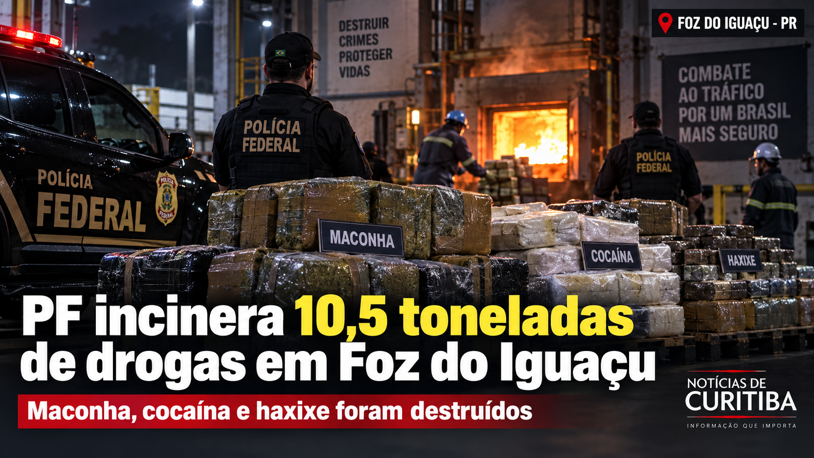 Arte ilustrativa mostra agentes da Polícia Federal, fardos de drogas apreendidas e forno industrial durante operação de incineração em Foz do Iguaçu, no Paraná.