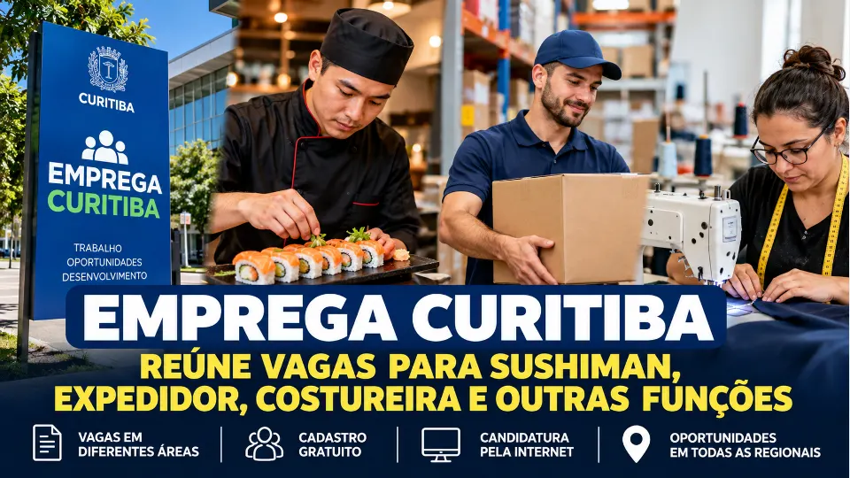 Montagem mostra profissionais de sushi, logística e costura em divulgação de vagas do Emprega Curitiba.