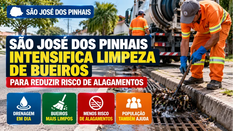 Trabalhadores fazem limpeza de bueiro em rua de São José dos Pinhais, retirando folhas e resíduos para melhorar o escoamento da água.