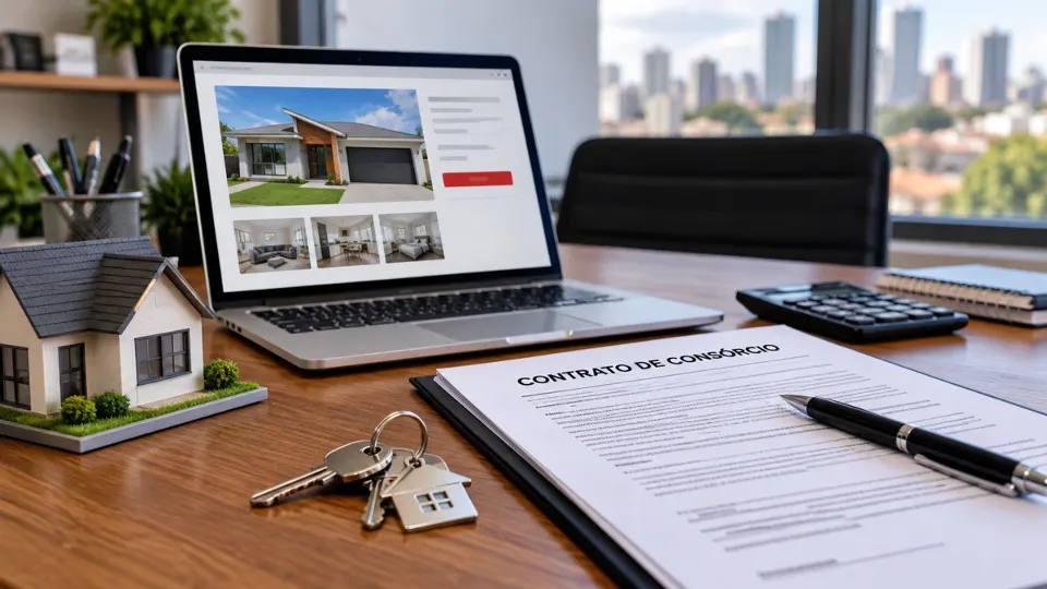 Computador exibindo anúncio de imóvel, contrato de consórcio e chaves sobre uma mesa, em imagem ilustrativa de golpes imobiliários investigados em Curitiba.