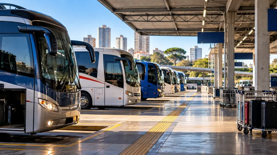 Ilustração de ônibus rodoviários estacionados nas plataformas de embarque de um terminal de passageiros.