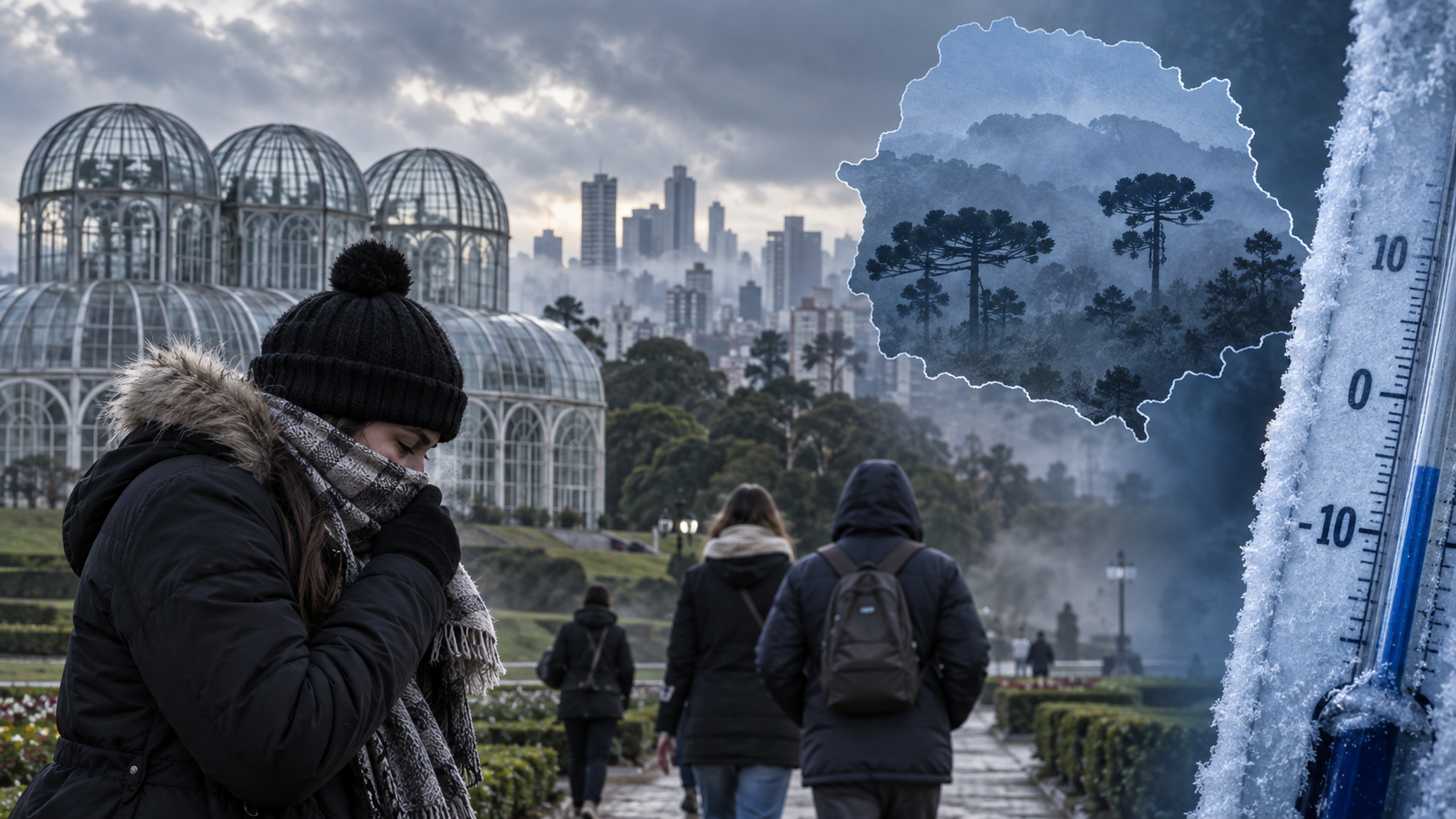 Curitiba sob frio intenso, com pessoas agasalhadas, termômetro indicando baixas temperaturas e mapa do Paraná ao fundo.