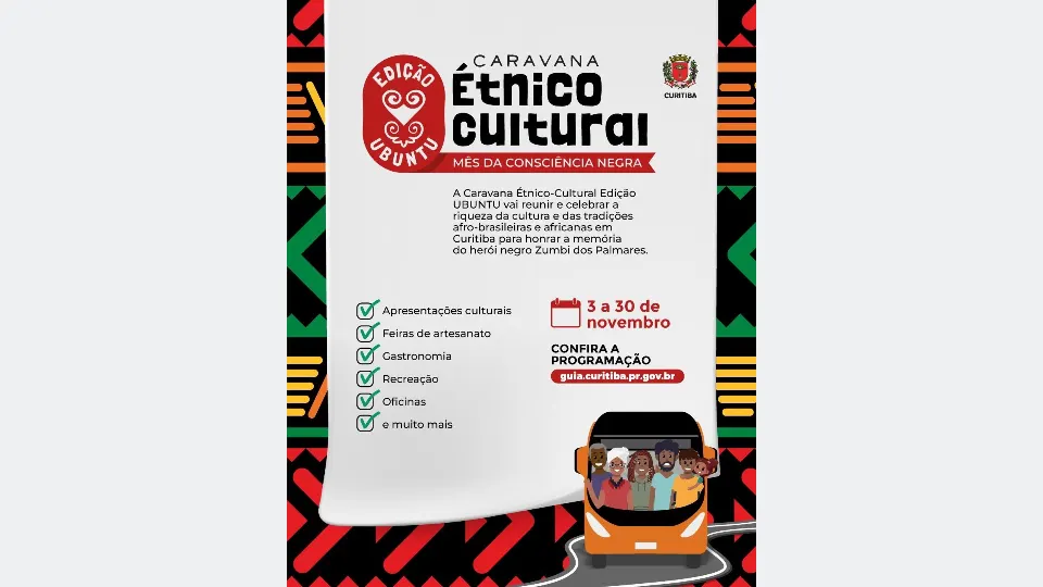 Cartaz da Caravana Étnico-Cultural Edição Ubuntu anuncia atividades culturais em Curitiba durante novembro de 2026.