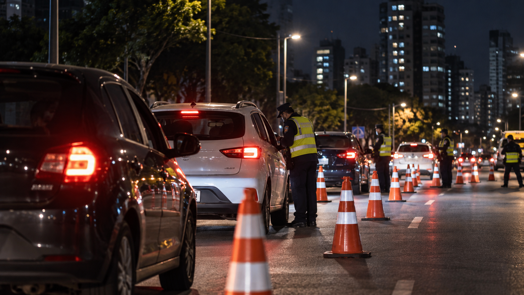 Imagem ilustrativa de operação de trânsito noturna em Curitiba, com agentes fiscalizando veículos entre cones de sinalização.