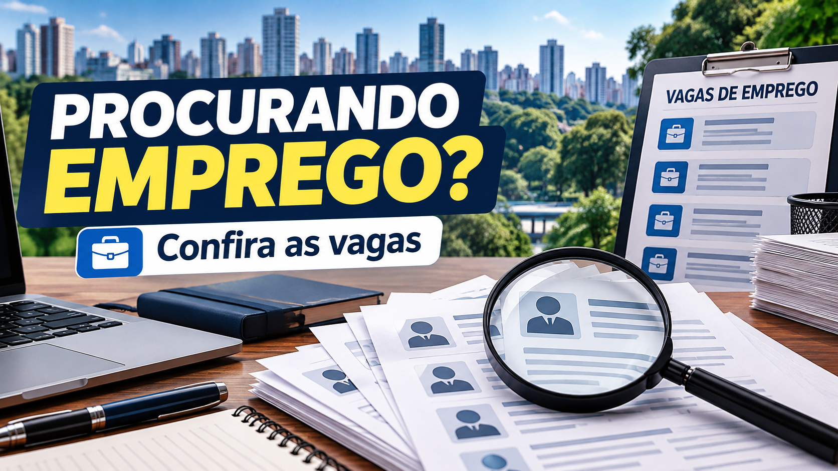 Ilustração com a frase “Procurando emprego? Confira as vagas”, ao lado de currículo, lupa, prancheta com lista de vagas e notebook, sem presença de pessoas.
