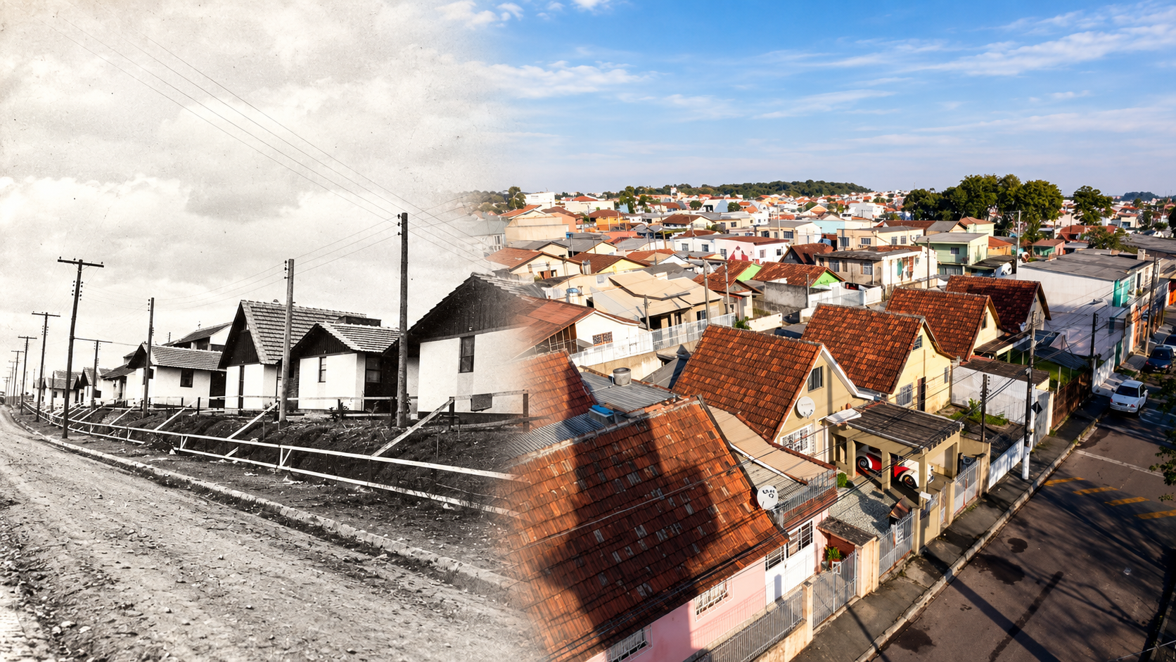 Montagem comparativa da Vila Nossa Senhora da Luz, na CIC, em Curitiba, mostrando à esquerda as primeiras casas em uma fotografia histórica em preto e branco e, à direita, uma vista mais recente da comunidade, com residências e ruas urbanizadas.