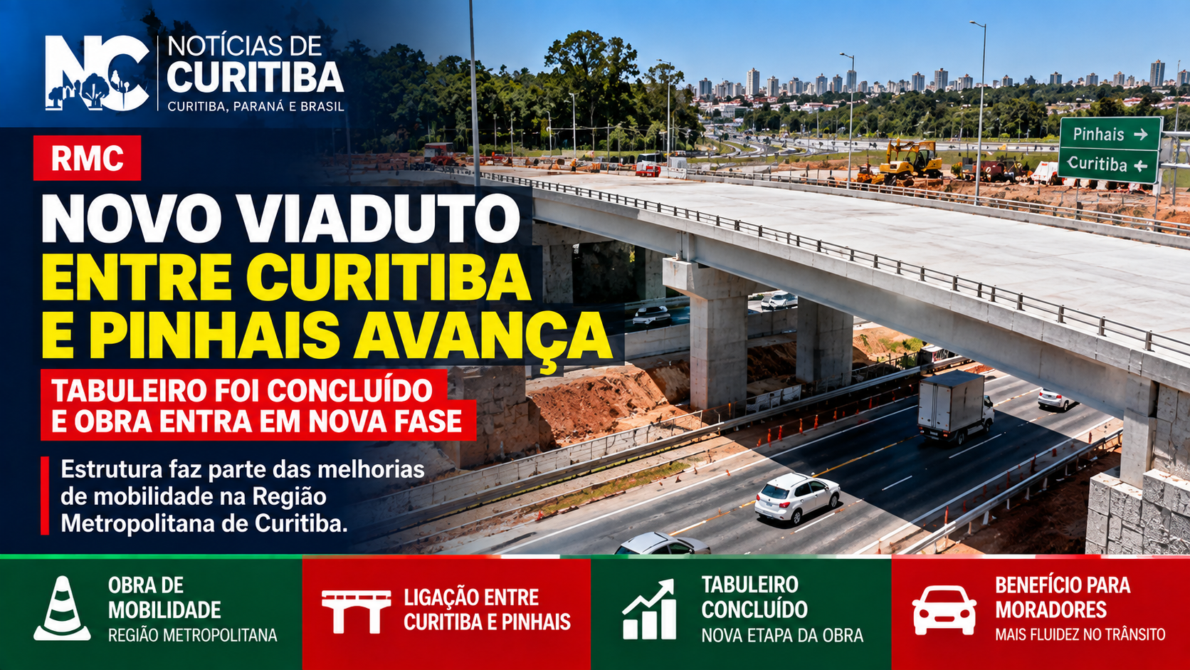 Novo viaduto entre Curitiba e Pinhais tem tabuleiro concluído e obra avança