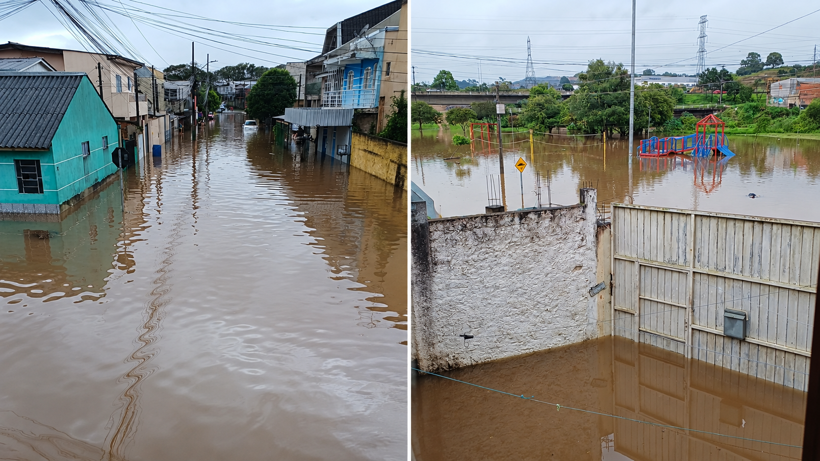 Montagem com duas fotos de alagamentos em Curitiba, enviadas por moradores, mostrando rua inundada e área de lazer tomada pela água.