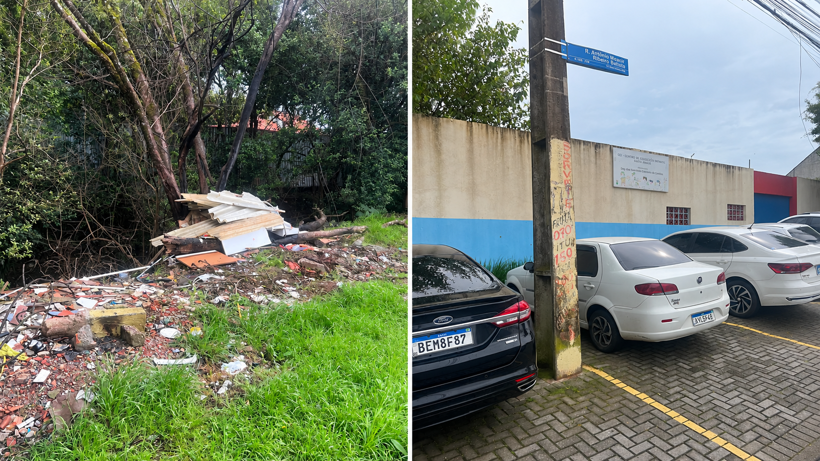 Montagem de duas fotografias mostrando entulho, telhas e restos de materiais de construção em área verde e a fachada do CMEI Santa Maria de Deus, na Cidade Industrial de Curitiba.
