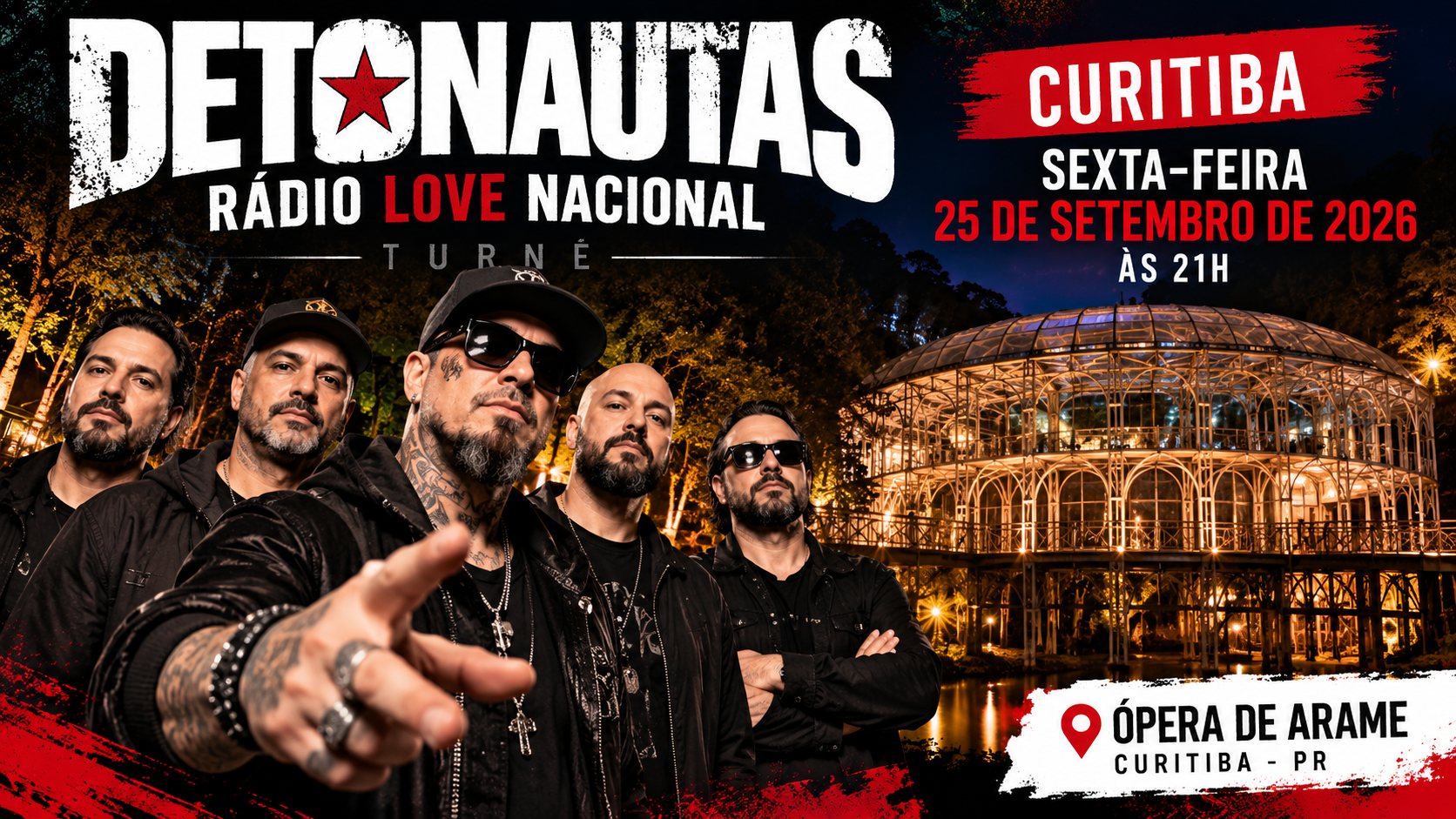 Arte ilustrativa do Detonautas para show na Ópera de Arame, em Curitiba, em 25 de setembro de 2026.