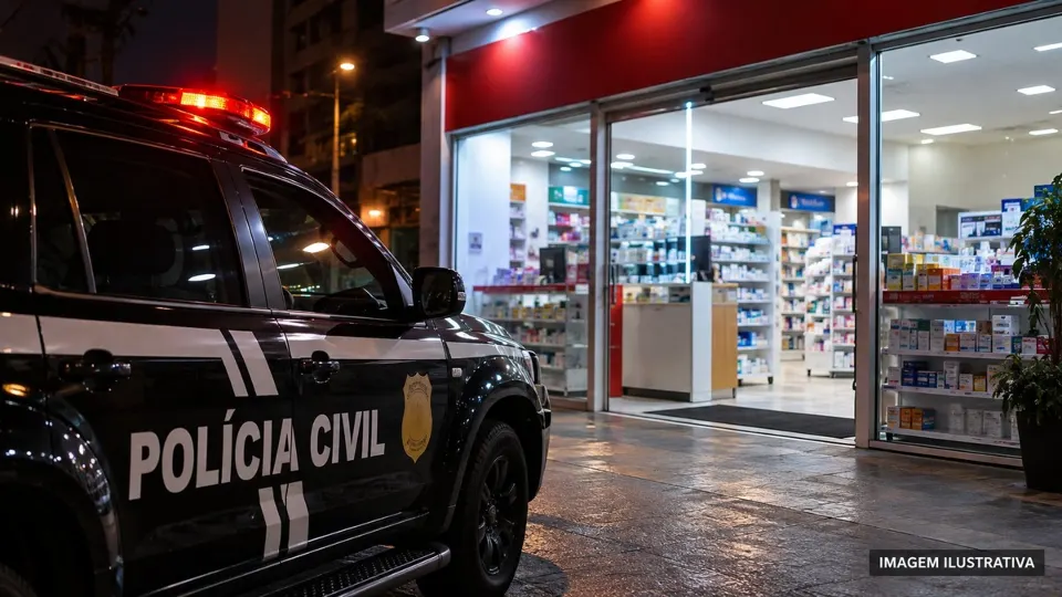 Ilustração de viatura da Polícia Civil diante de uma farmácia, representando investigação de assaltos em Curitiba.