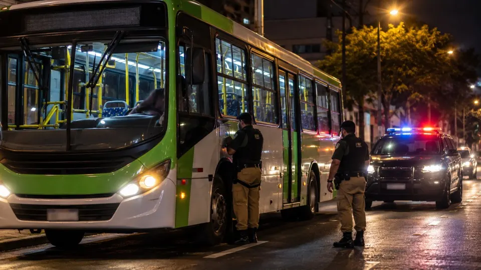 Ilustração de policiais ao lado de ônibus durante abordagem noturna, representando ocorrência de embriaguez ao volante em Curitiba.
