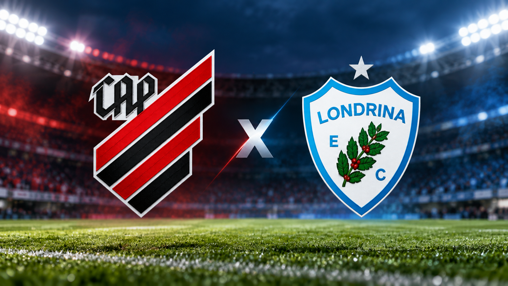 Arte esportiva com os brasões do Athletico Paranaense e do Londrina Esporte Clube, separados por um X, sobre o fundo de um estádio de futebol, representando o confronto pela Copa Paraná 2026.