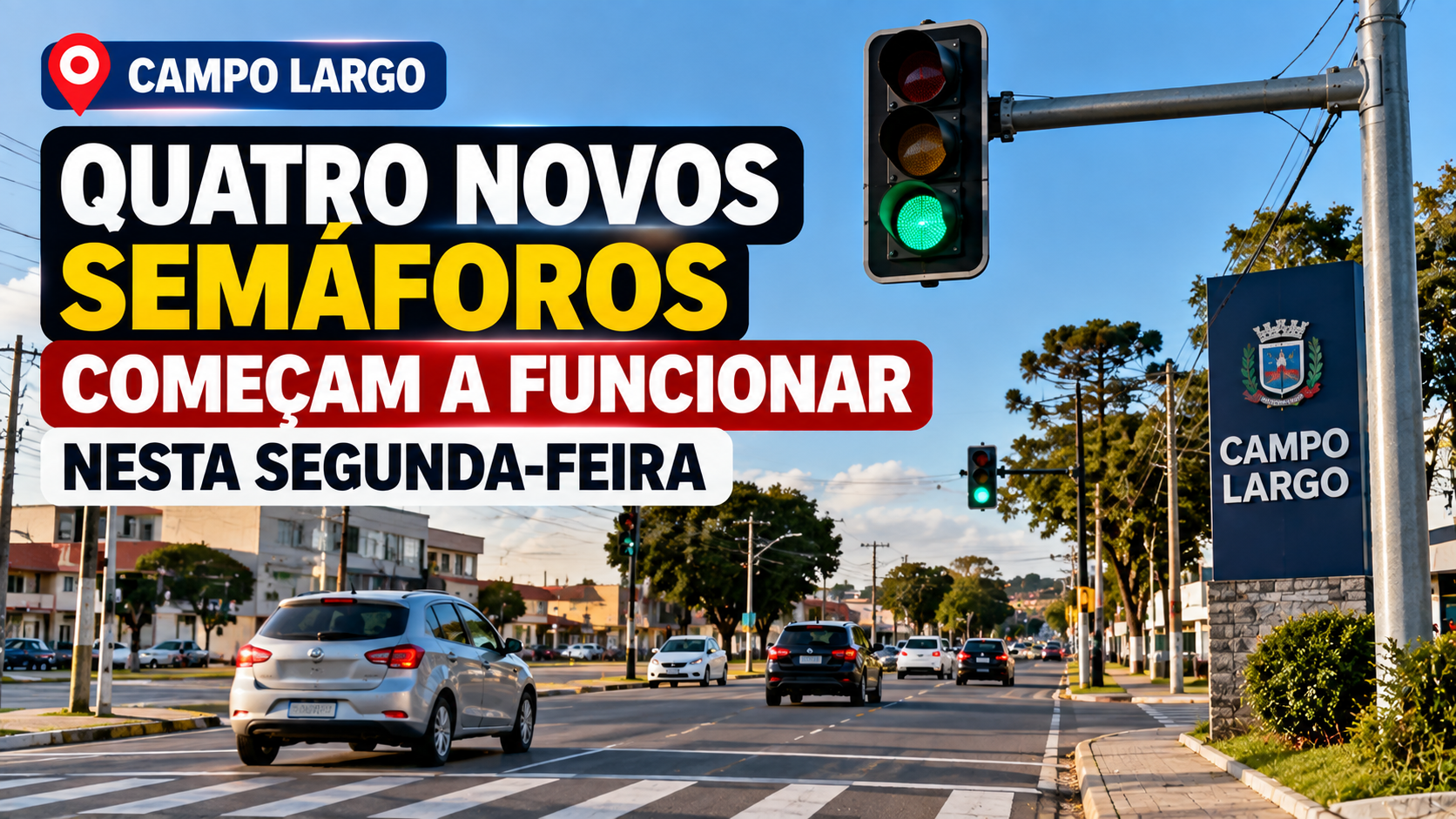 Cruzamento urbano de Campo Largo com novos semáforos em funcionamento e veículos circulando pela via.