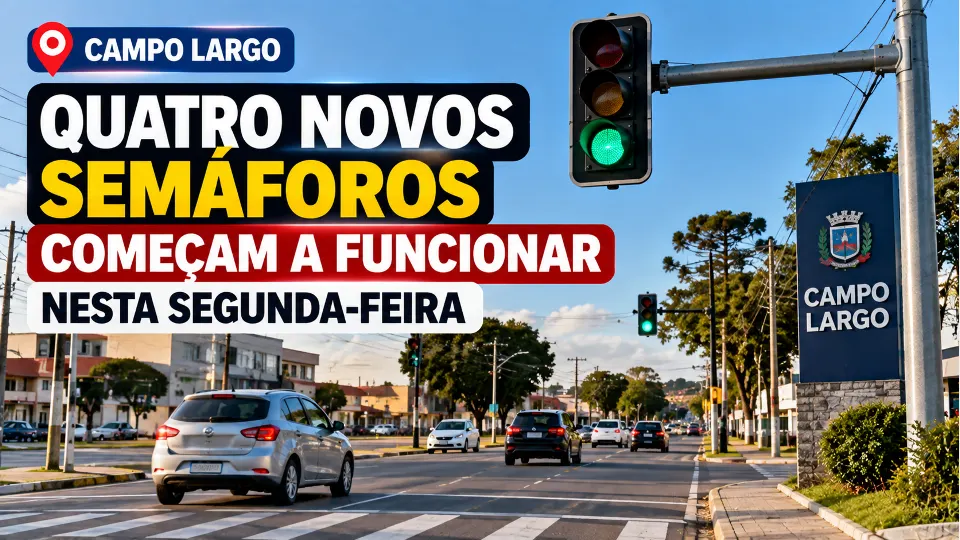 Cruzamento urbano de Campo Largo com novos semáforos em funcionamento e veículos circulando pela via.