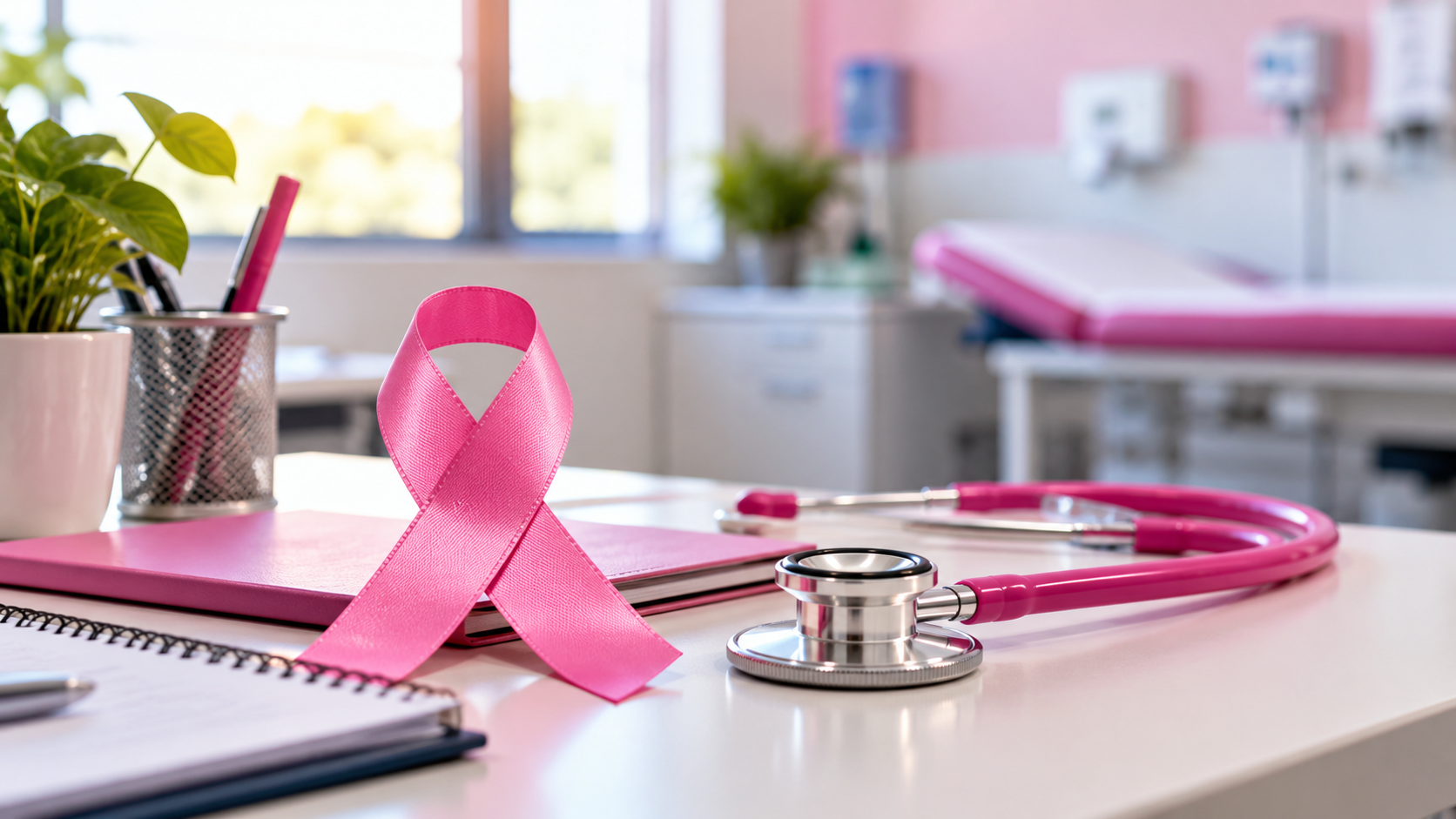Laço rosa de conscientização sobre o câncer de mama e estetoscópio sobre uma mesa em ambiente de atendimento médico.