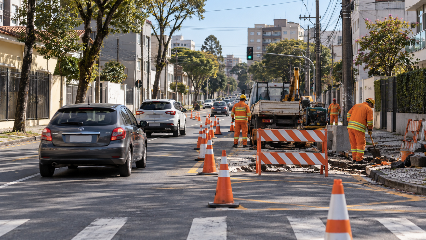 Rua de Curitiba com cones, máquinas e trabalhadores durante obra viária com bloqueio parcial no trânsito.