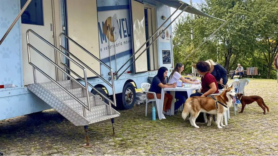 Veículo veterinário móvel da Prefeitura de Curitiba durante atendimento de cães e gatos.