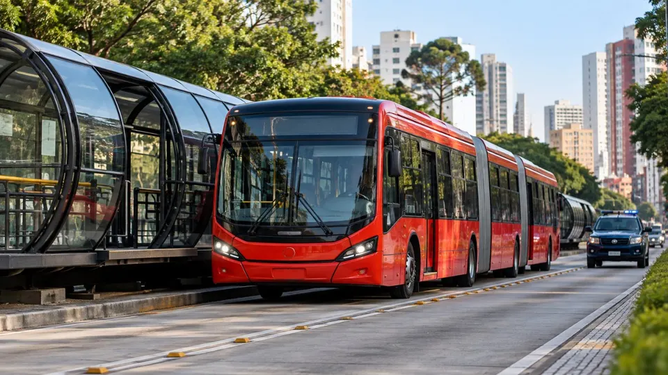 Imagem ilustrativa de ônibus articulado vermelho próximo a uma estação-tubo, representando o transporte coletivo de Curitiba.
