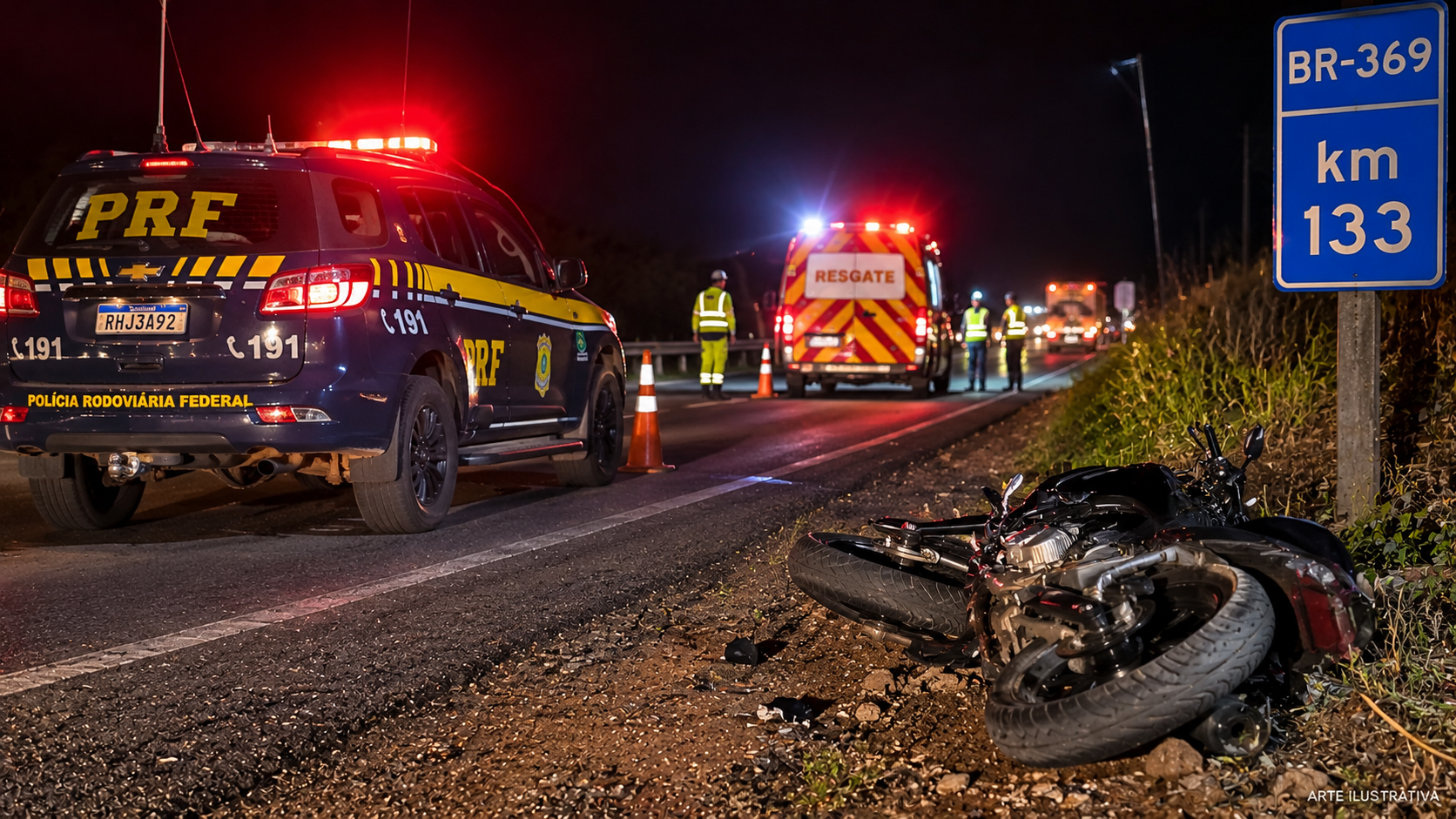 Motocicleta caída às margens de rodovia durante atendimento de equipes de resgate e fiscalização em período noturno.