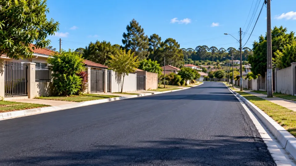 Ilustração de rua residencial recém-asfaltada, com calçadas, casas e árvores, representando melhorias de pavimentação.