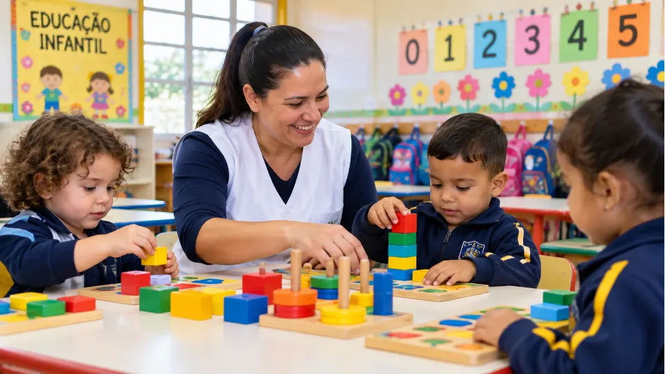 Ilustração de professora acompanhando crianças em atividades educativas com blocos coloridos em sala de educação infantil.
