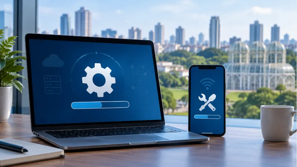 Ilustração de computador e celular em manutenção digital, representando a possível indisponibilidade de serviços da Prefeitura de Curitiba.