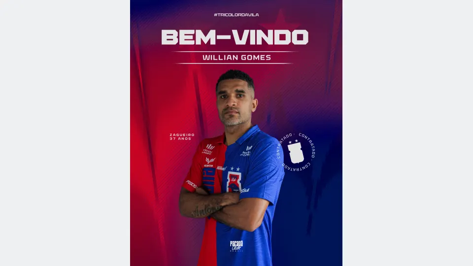 Zagueiro Willian Gomes aparece de braços cruzados com a camisa do Paraná Clube na arte oficial que anuncia sua contratação para a temporada de 2027.