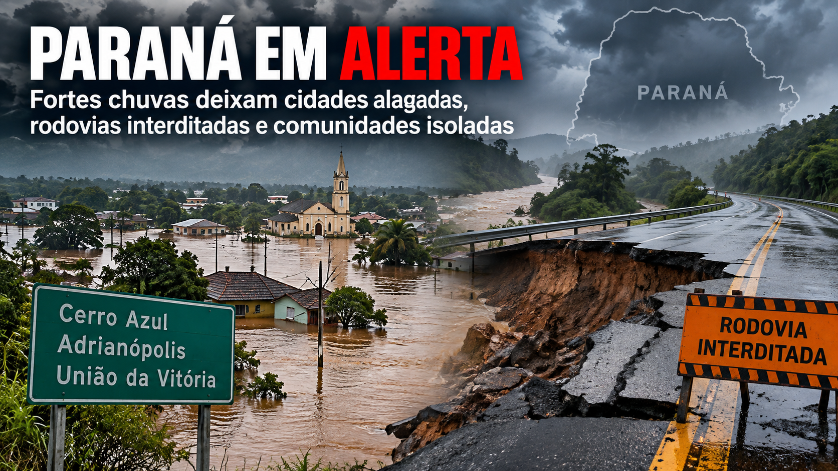 Montagem mostra cidade alagada, estrada danificada e rodovia interditada após fortes chuvas no Paraná.