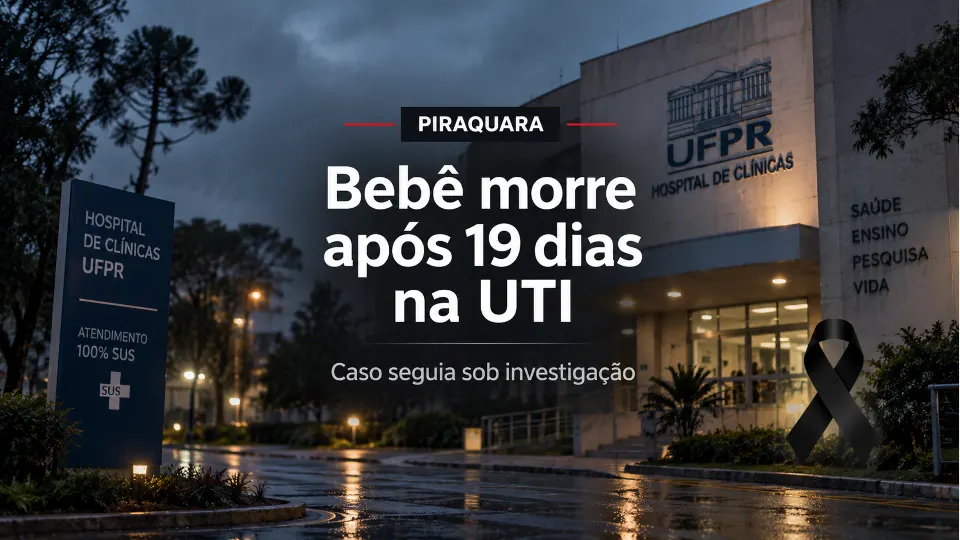 Arte jornalística ilustrativa sobre recém-nascida encontrada em Piraquara e internada no Hospital de Clínicas da UFPR, com referência à morte após 19 dias na UTI.