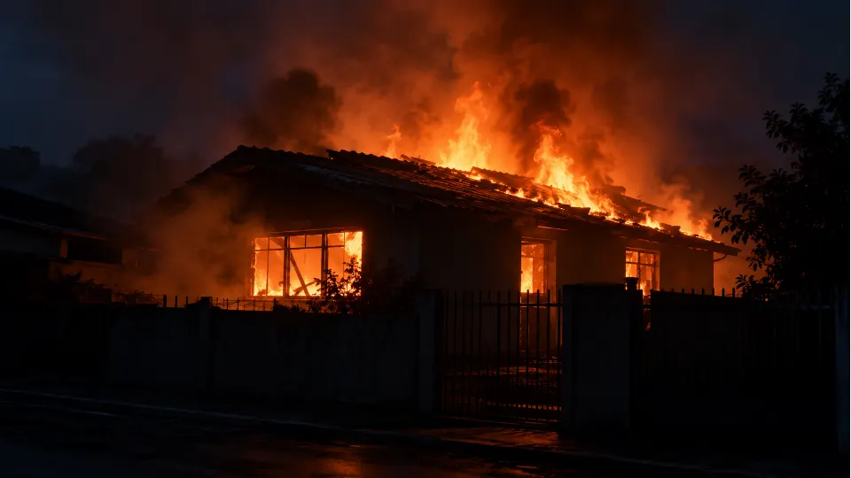 Ilustração de uma casa atingida por incêndio durante a noite, utilizada em reportagem sobre prisão de suspeito em Balsa Nova.