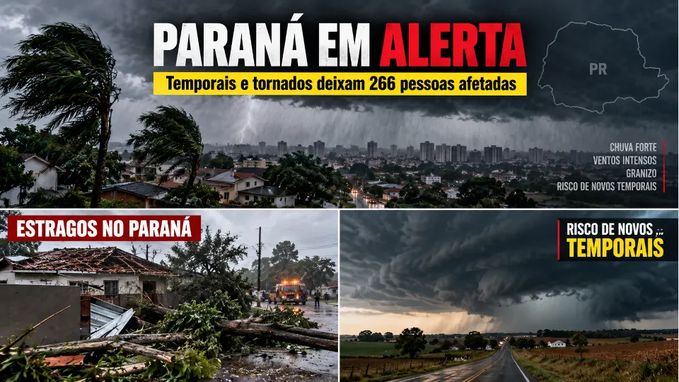 Arte ilustrativa sobre temporais e tornados no Paraná, com chuva forte, vento e danos provocados pelo mau tempo.