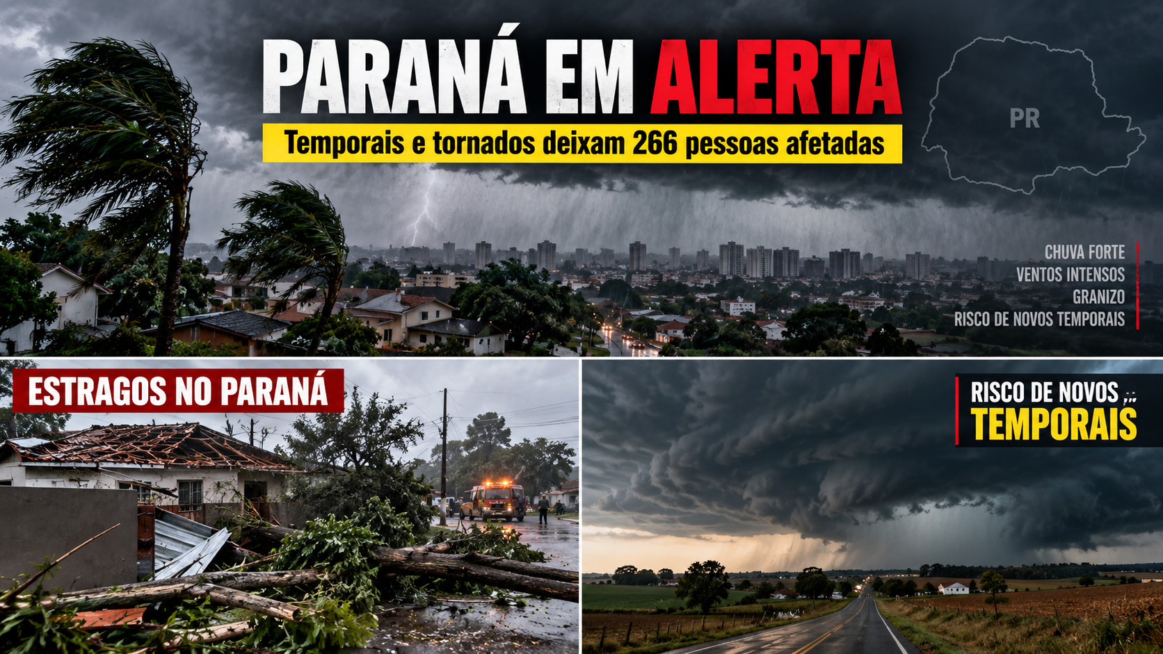Arte ilustrativa sobre temporais e tornados no Paraná, com chuva forte, vento e danos provocados pelo mau tempo.