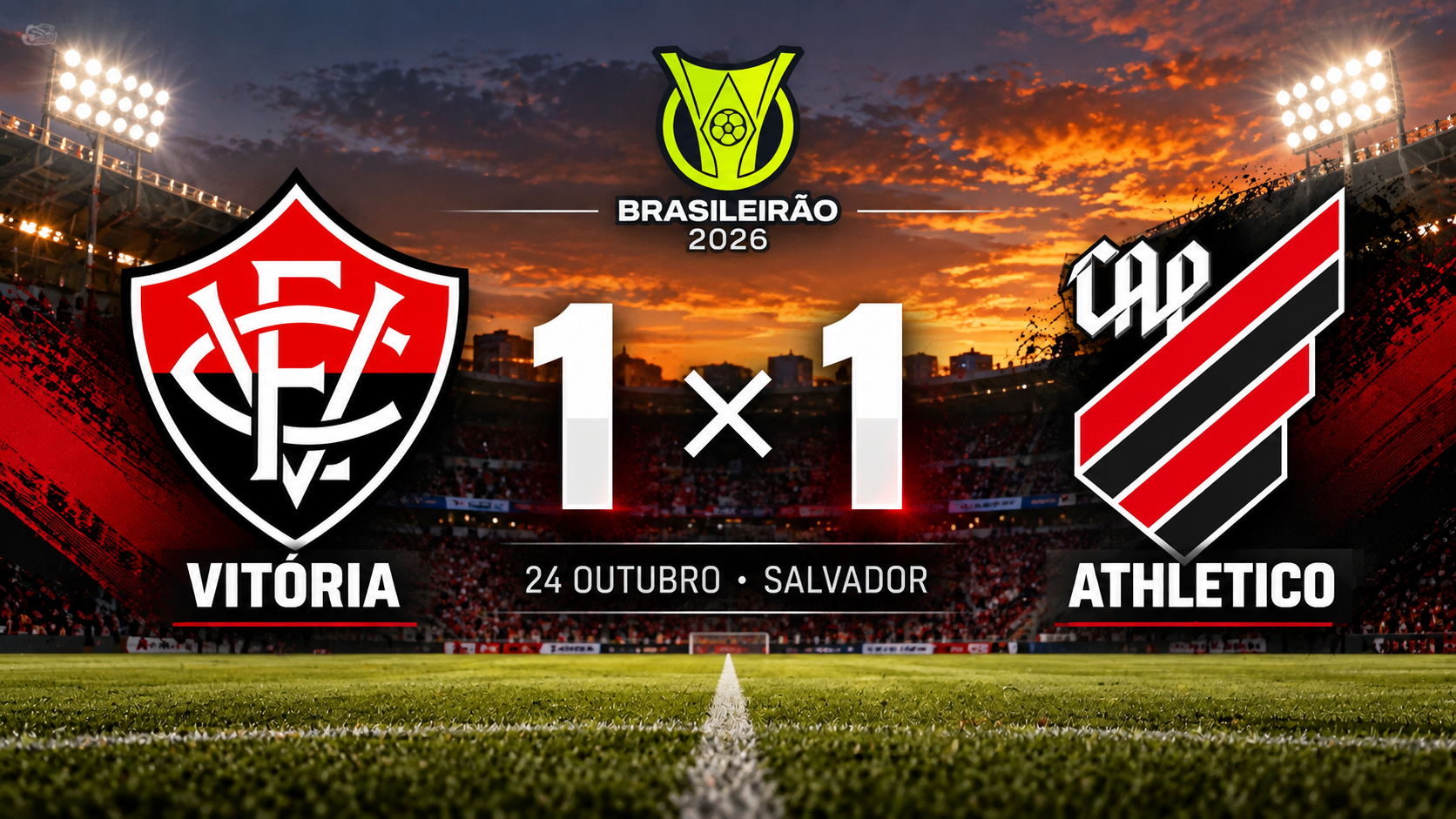 Arte esportiva com os escudos do Vitória e do Athletico Paranaense e o placar de 1 a 1, representando o empate pelo Brasileirão 2026.